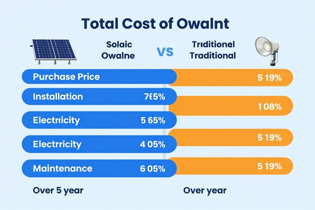 Cost breakdown comparison chart showing total ownership costs for both lighting types Cost breakdown comparison chart showing total ownership costs for both lighting types