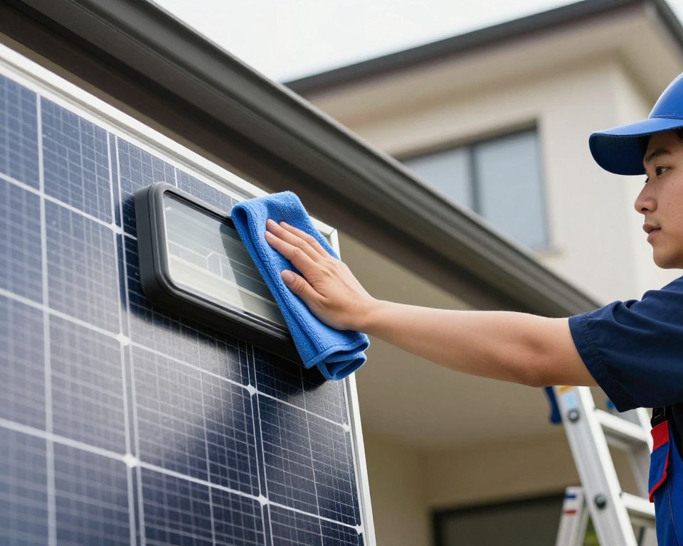 Homeowner performing maintenance on solar security light Homeowner performing maintenance on solar security light