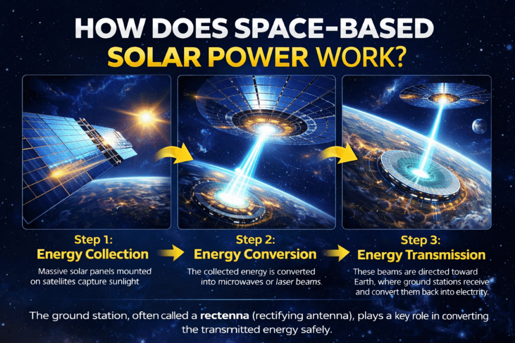 Space-Based Solar Power: A Real Solution for the World’s Energy Crisis? 2 How Does Space-Based Solar Power Work?
The process may sound complex, but it can be understood in three main steps:
Step 1: Energy Collection
Massive solar panels mounted on satellites capture sunlight.
Step 2: Energy Conversion
The collected energy is converted into microwaves or laser beams.
Step 3: Energy Transmission
These beams are directed toward Earth, where ground stations receive and convert them back into electricity.
The ground station, often called a rectenna (rectifying antenna), plays a key role in converting the transmitted energy safely.