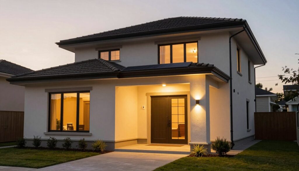 Modern home with combination of solar and traditional outdoor lighting Modern home with combination of solar and traditional outdoor lighting