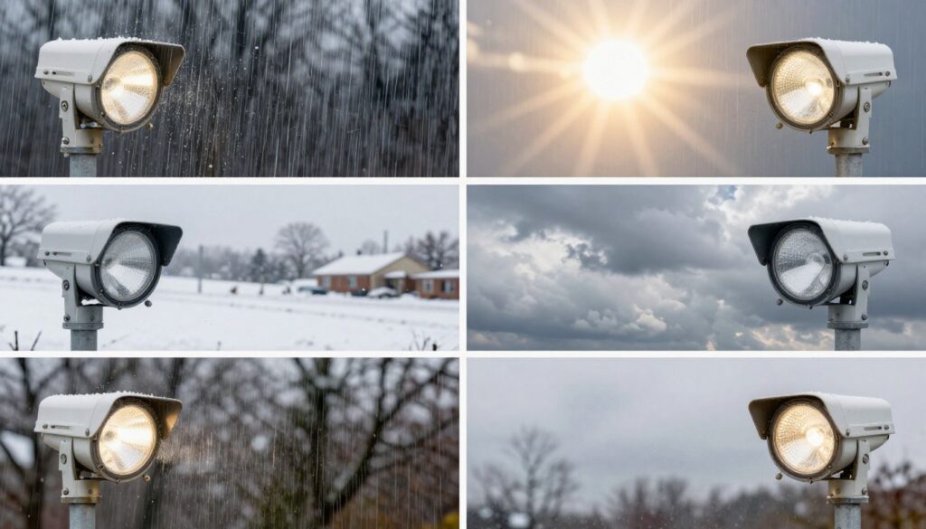 Solar motion sensor lights operating in various weather conditions Solar motion sensor lights operating in various weather conditions