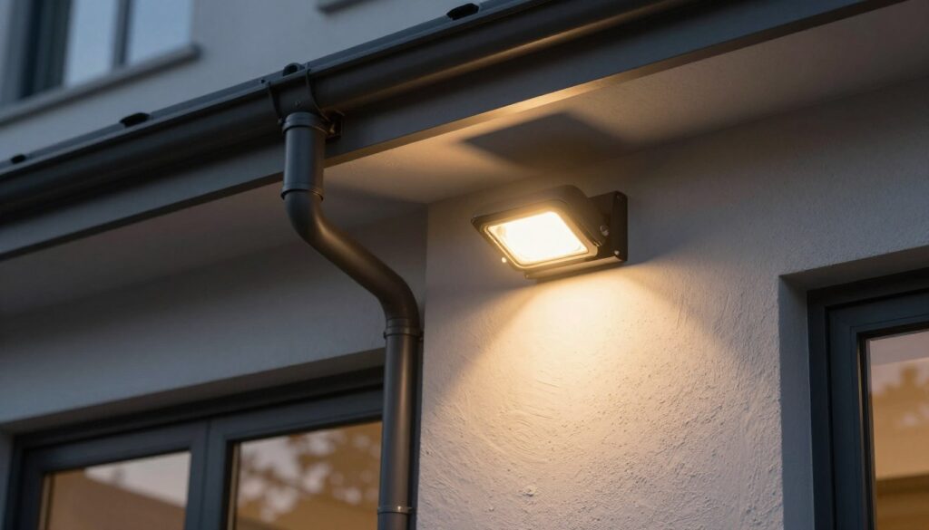 Traditional wired outdoor security lights installed on home exterior Traditional wired outdoor security lights installed on home exterior