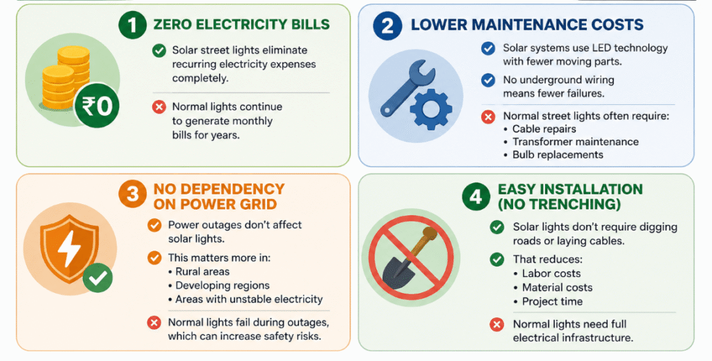 Solar Street Lights vs Normal Lights: Which Saves More Money? 2 Solar Street Lights vs Normal Lights Which Saves More Money
